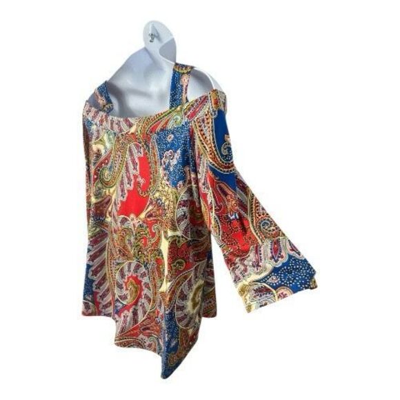 Chico’s Blue Multicolor Paisley Blouse Size 3 (XL/16) Cold-Shoulder Stretch - Picture 6 of 14